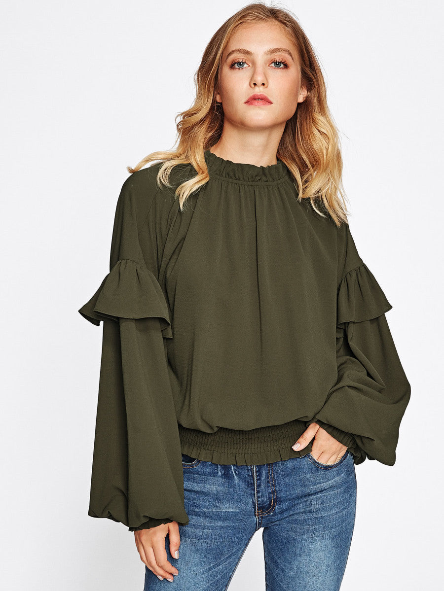Frill Trim Bishop Sleeve Smocked Hem Blouse