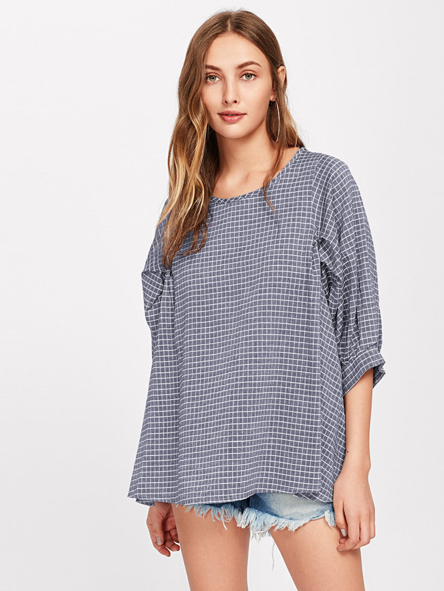 Grid Dip Hem Blouse