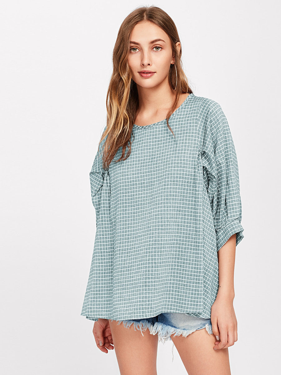 Grid Dip Hem Blouse