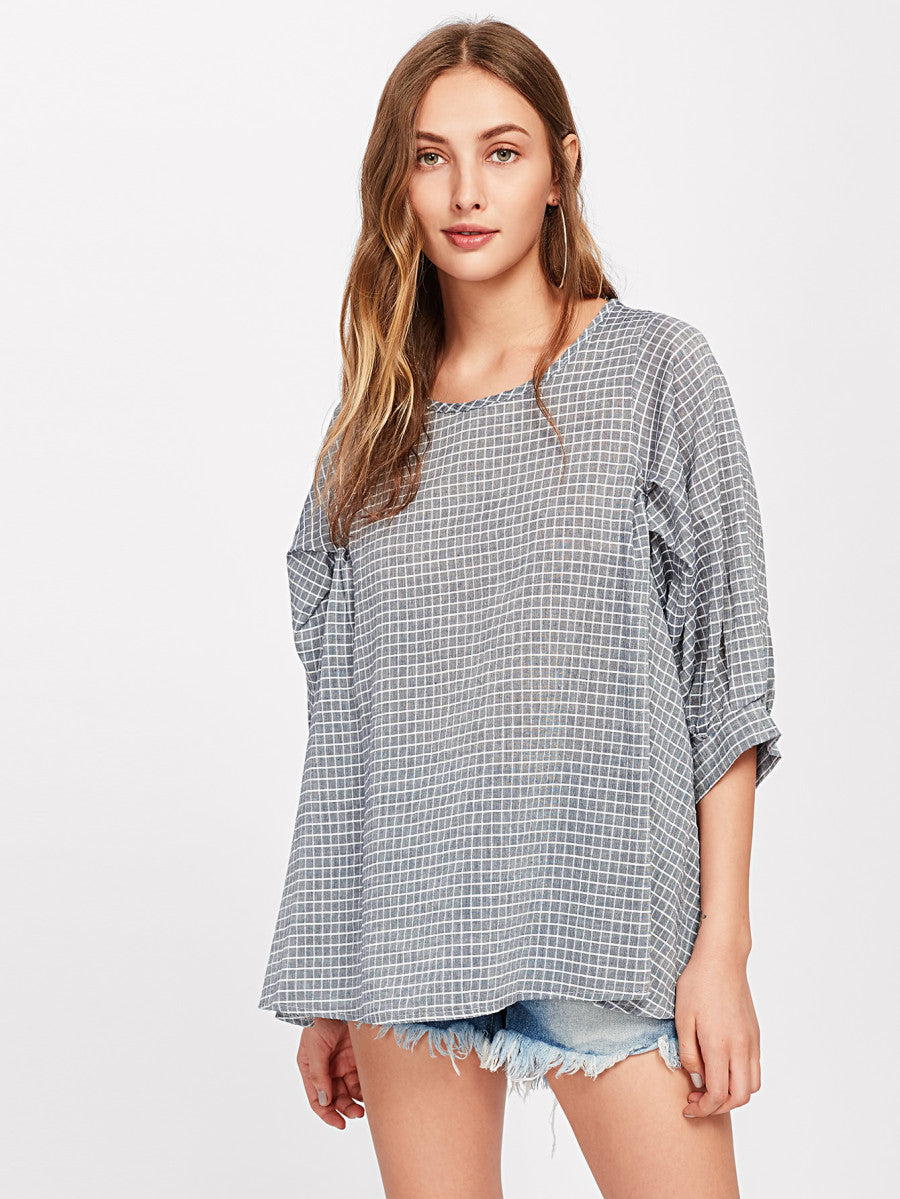 Grid Dip Hem Blouse