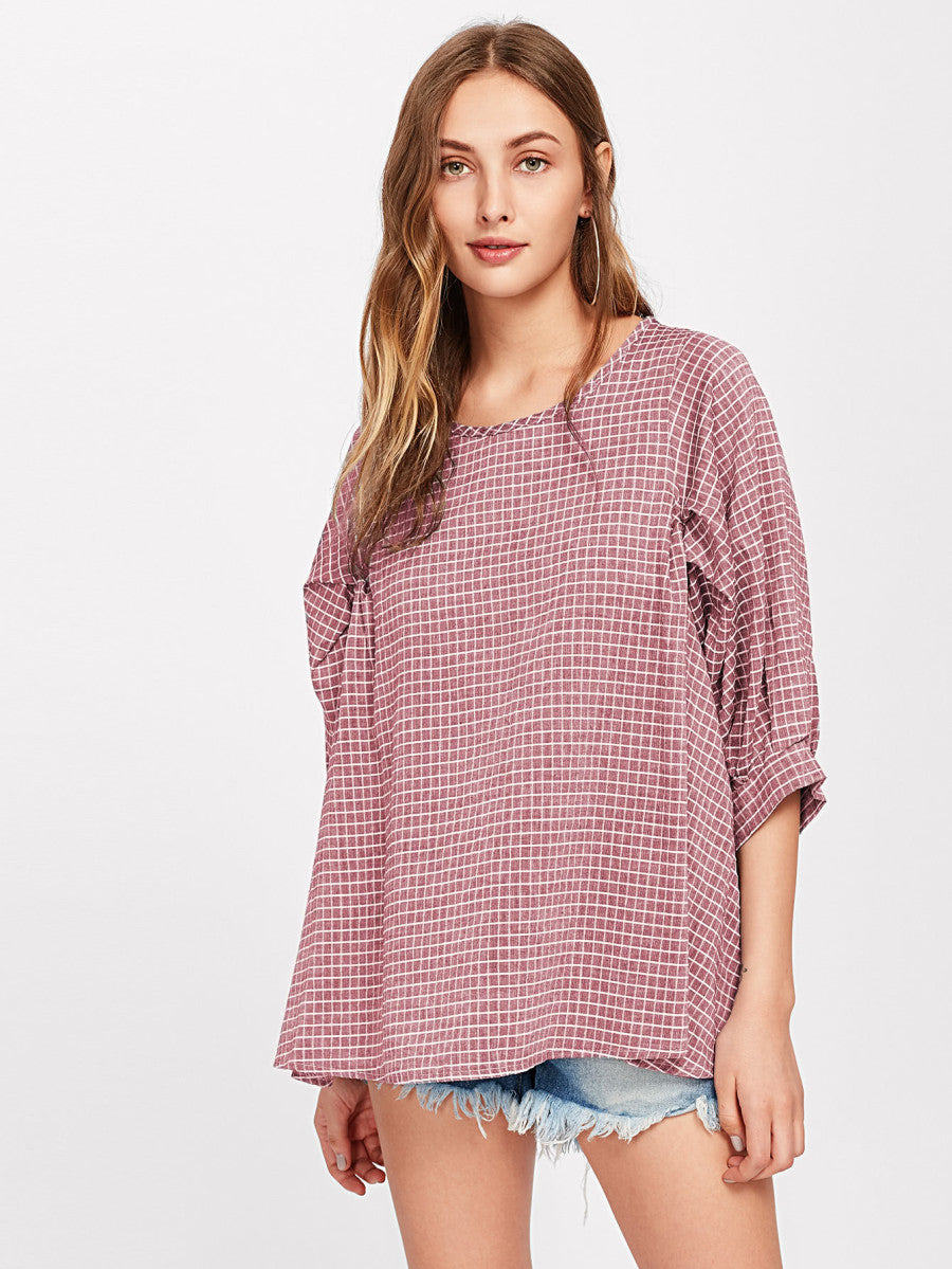 Grid Dip Hem Blouse