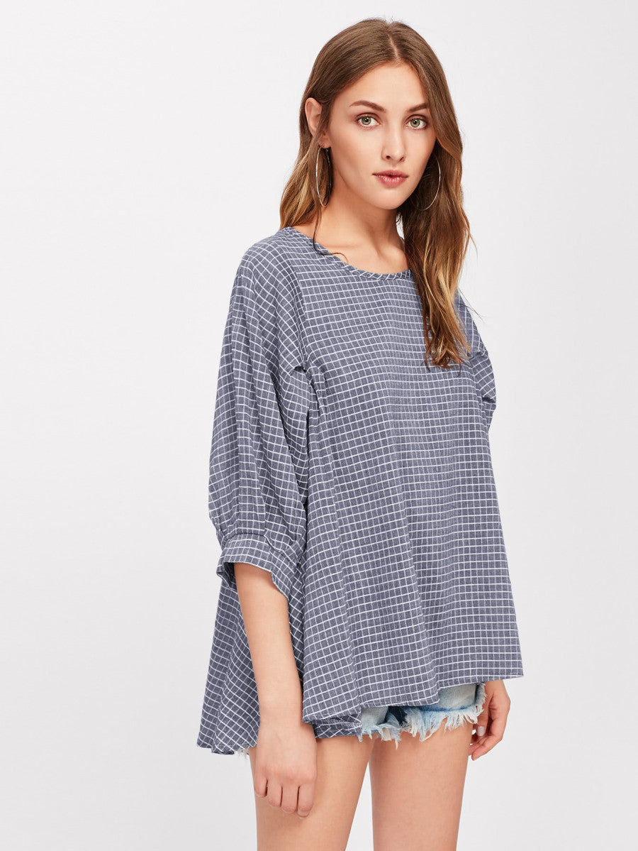 Grid Dip Hem Blouse