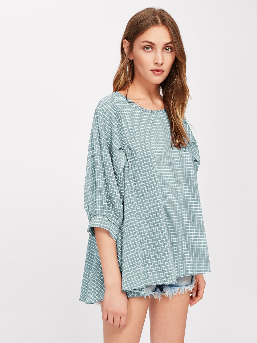 Grid Dip Hem Blouse