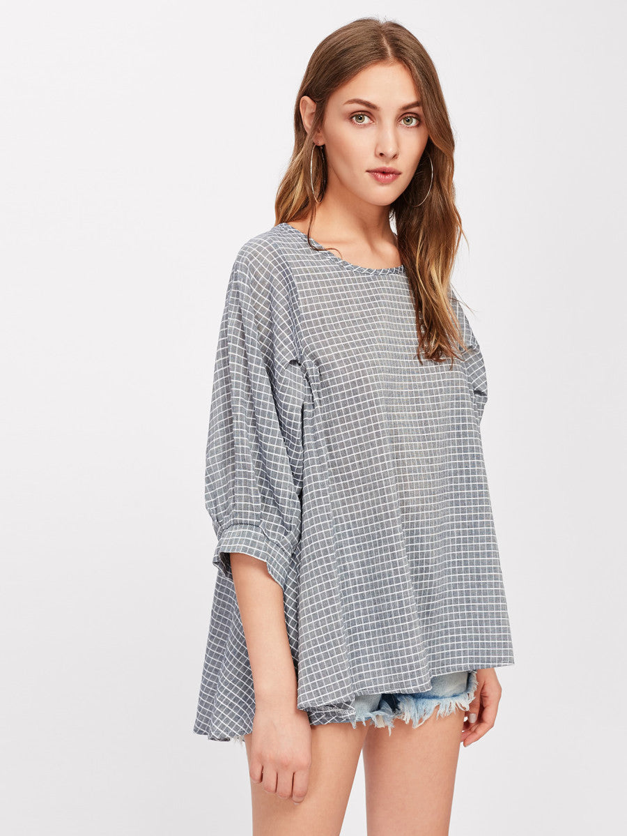 Grid Dip Hem Blouse