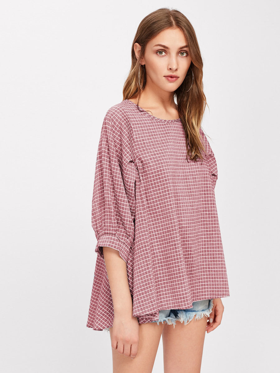 Grid Dip Hem Blouse