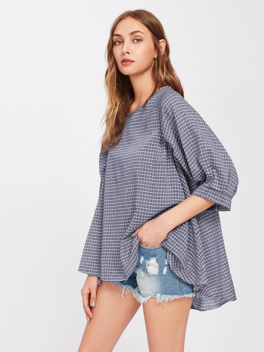 Grid Dip Hem Blouse