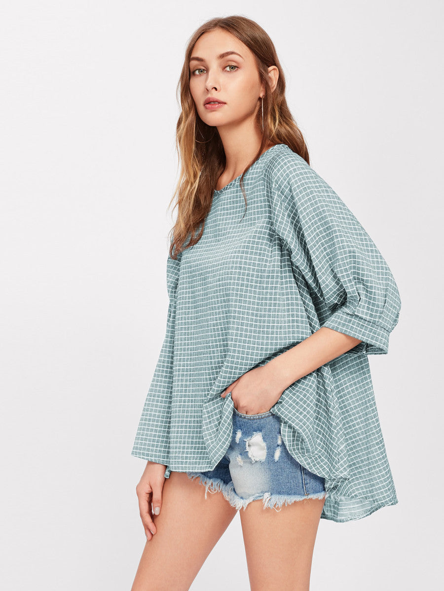 Grid Dip Hem Blouse