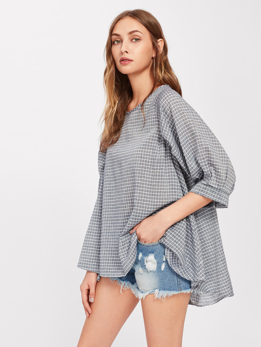 Grid Dip Hem Blouse