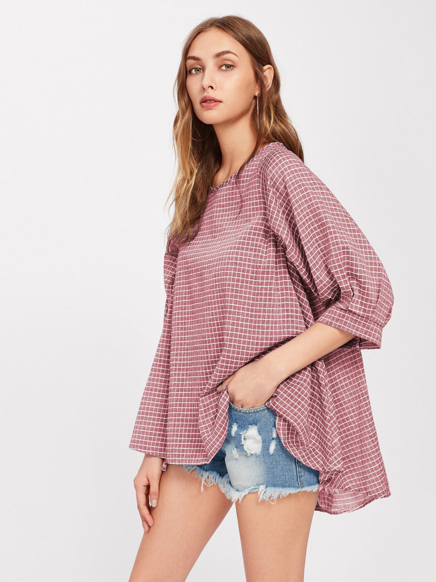 Grid Dip Hem Blouse